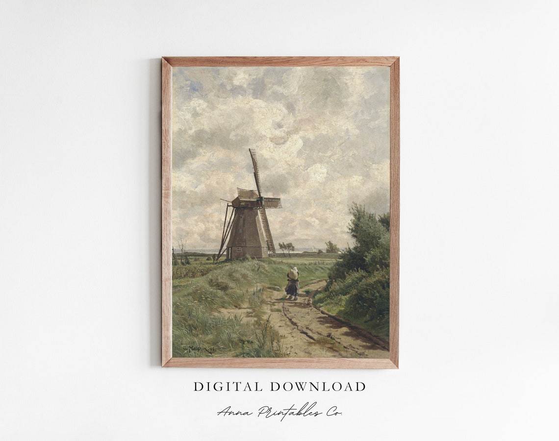 Danish Windmill Landscape Antique Countryside Mill Vintage Art Poster