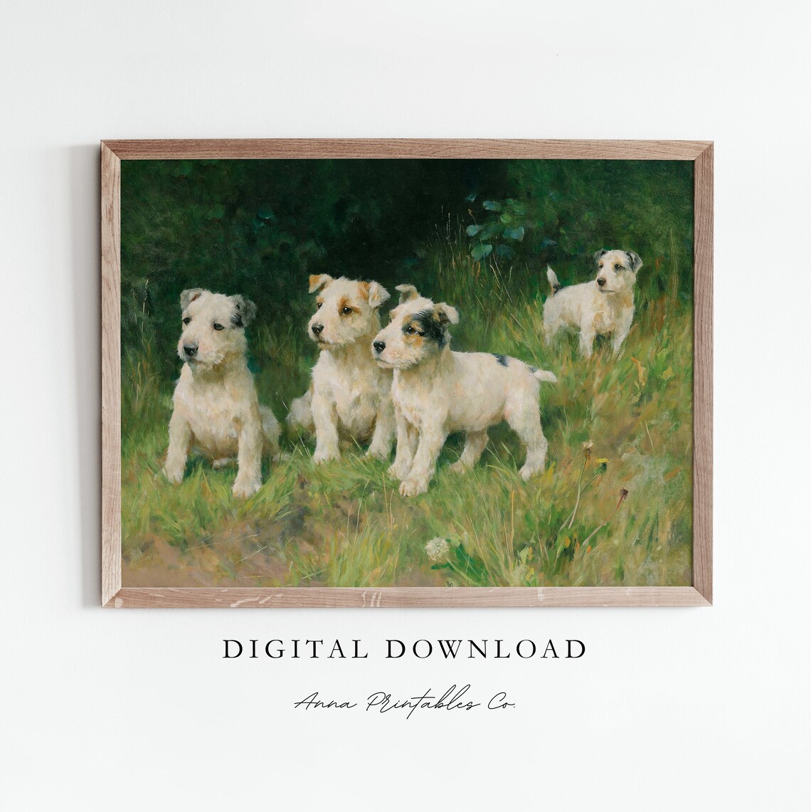 Four Terrier Puppies in Tall Grass Vintage Oil Painting Poster
