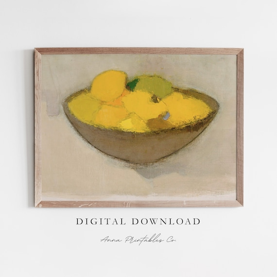 Basket Of Lemons Antique Abstract Fruit Painting For Vintage Kitchen Wall Art Rustic Farmhouse Decor Print