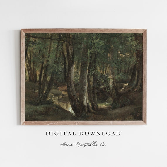 Vintage Painting Of A Forest Forestcore Wall Art Antique Art Print Green Wall Decor Cottagecore Art