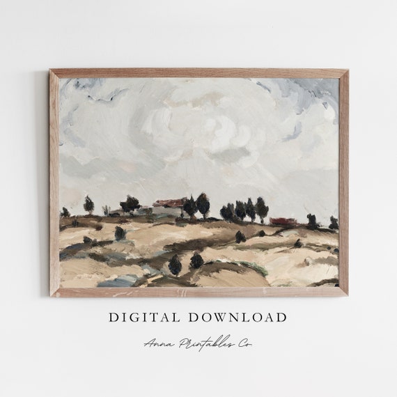 Clouds Over The Countryside Antique Landscape Painting For Vintage Art Prints Rustic Cottage Wall Art Decor