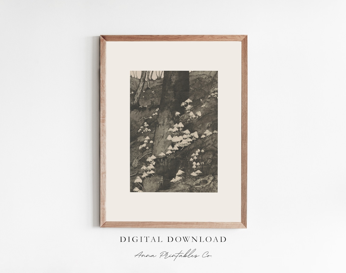 Vintage Mushrooms on a Forest Hillside Art Print