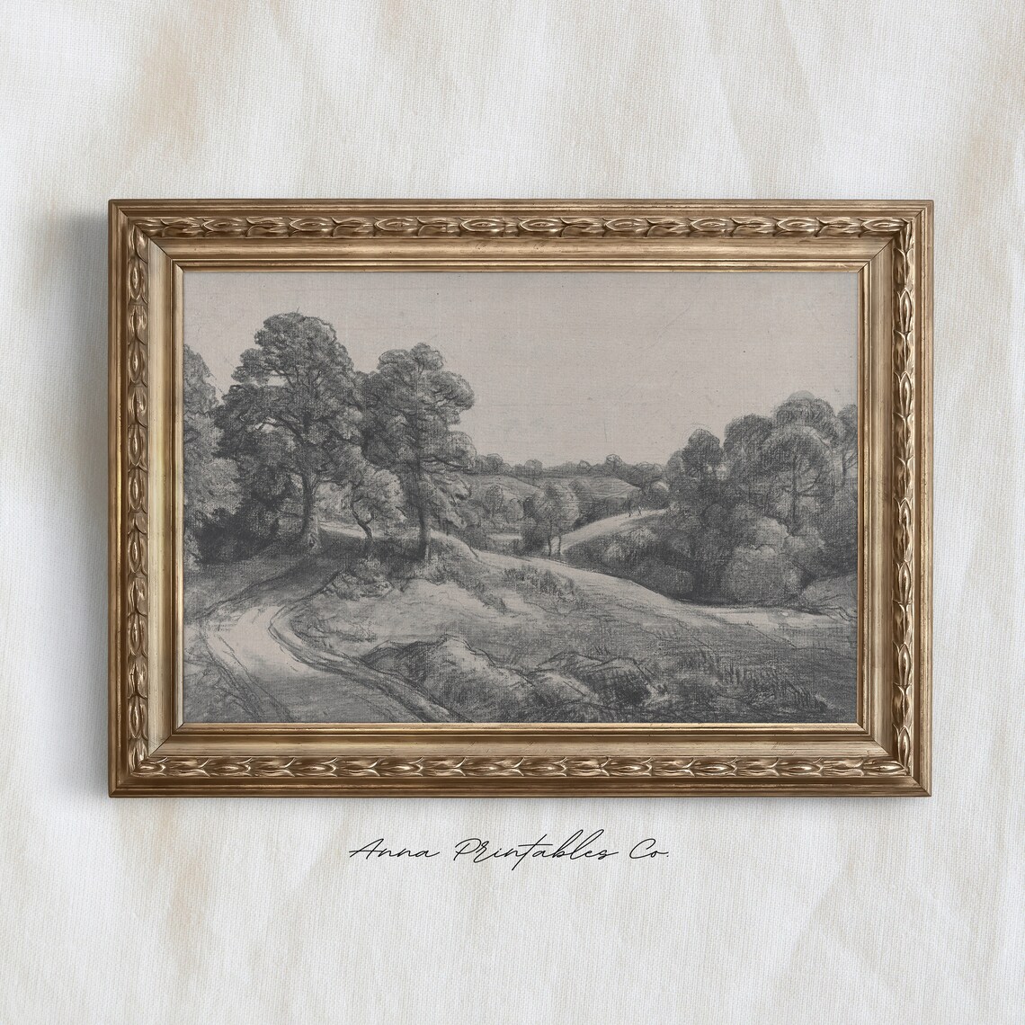 Charcoal Countryside Scene Drawing, Rustic Farmhouse Art Print - Image 3