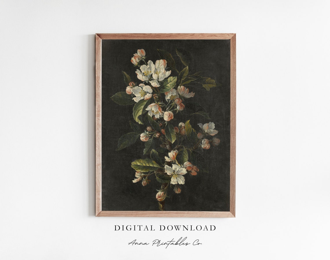 White Apple Blossoms on Dark Background Botanical Oil Poster