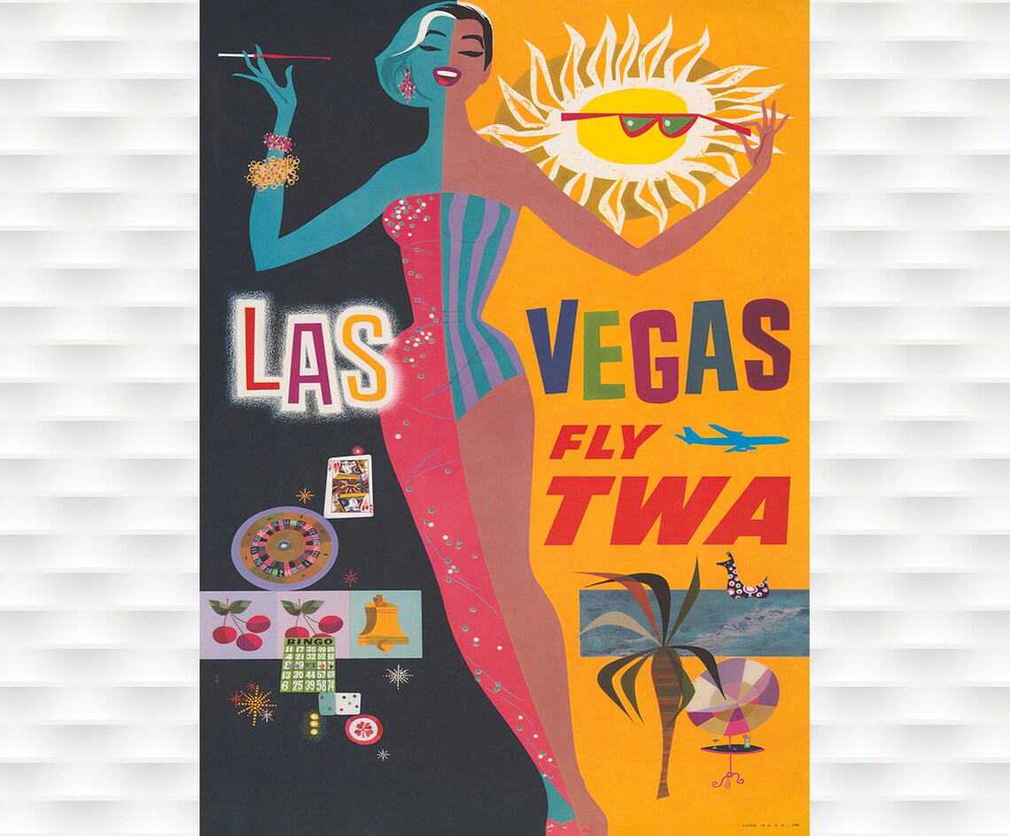 Las Vegas Fly TWA Day Night Showgirl Casino Sun Retro Travel Poster