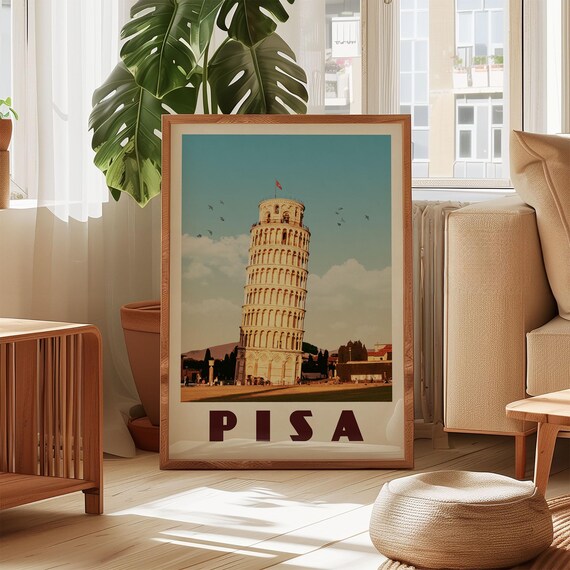 Leaning Tower of Pisa Italy Retro Photo Flag Landmark Travel Poster