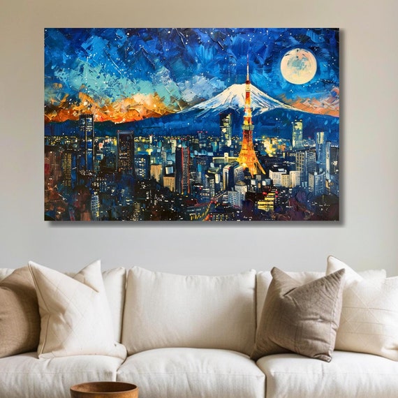Japanese Wall Art Tokyo Cityscape Mount Fuji Skyline At Night Acrylic Painting Elegant Home Decor Blue Night Sky Art