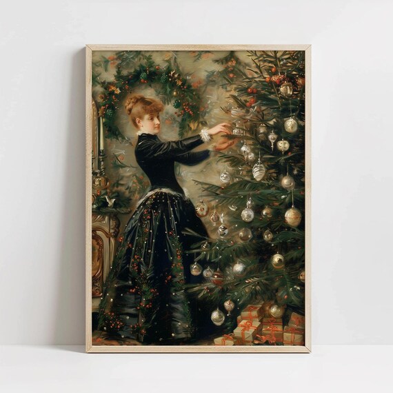 Victorian Lady Decorating Christmas Tree Vintage Holiday Print