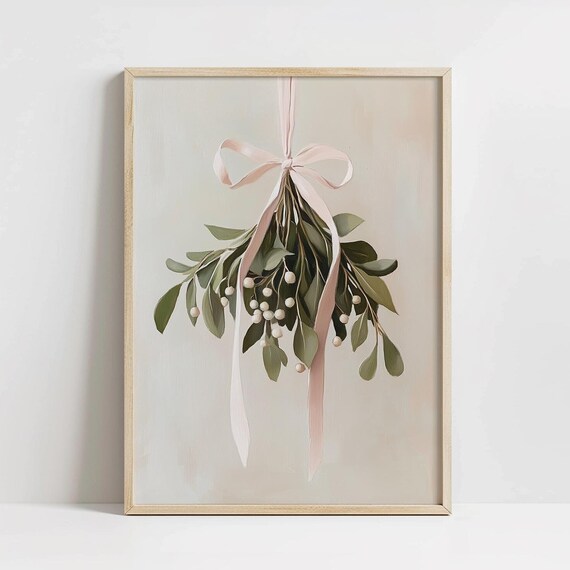 Mistletoe Pink Ribbon Christmas Watercolor Holiday Winter Poster