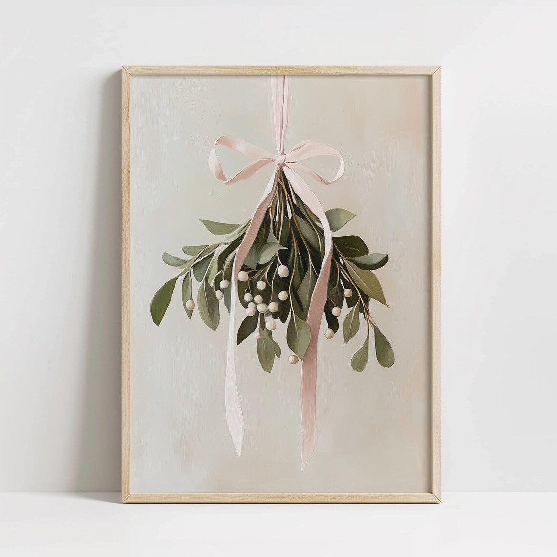 Mistletoe Pink Ribbon Christmas Watercolor Holiday Winter Poster