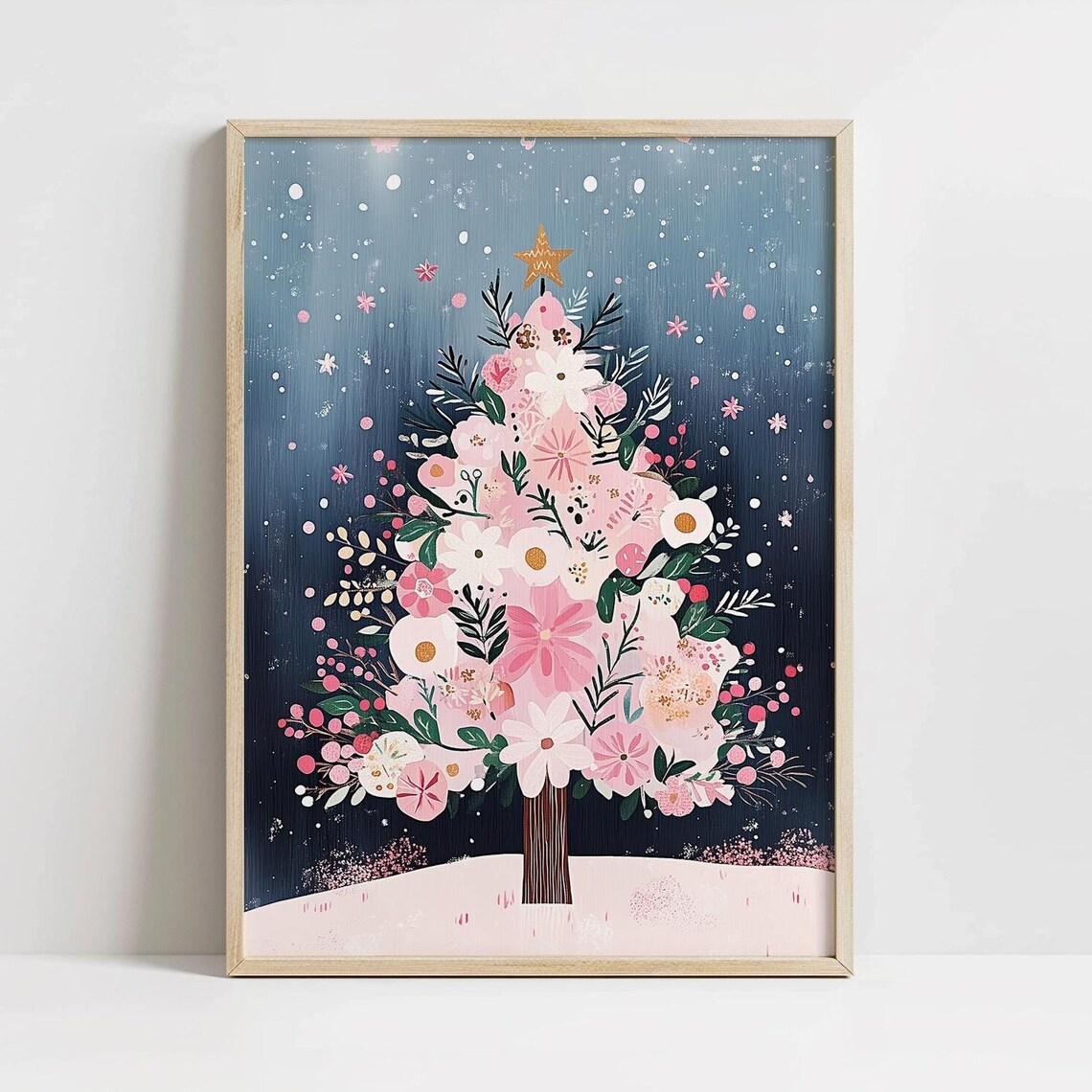 Pink Floral Christmas Tree in Snowy Night Holiday Art Poster
