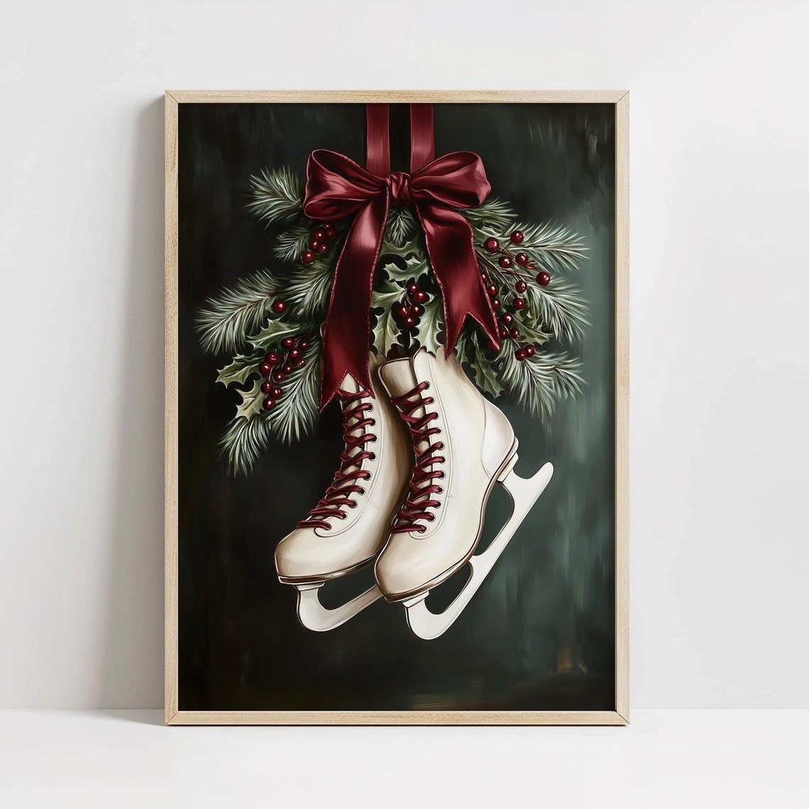White Ice Skates Pine Wreath Burgundy Bow Christmas Wall Art