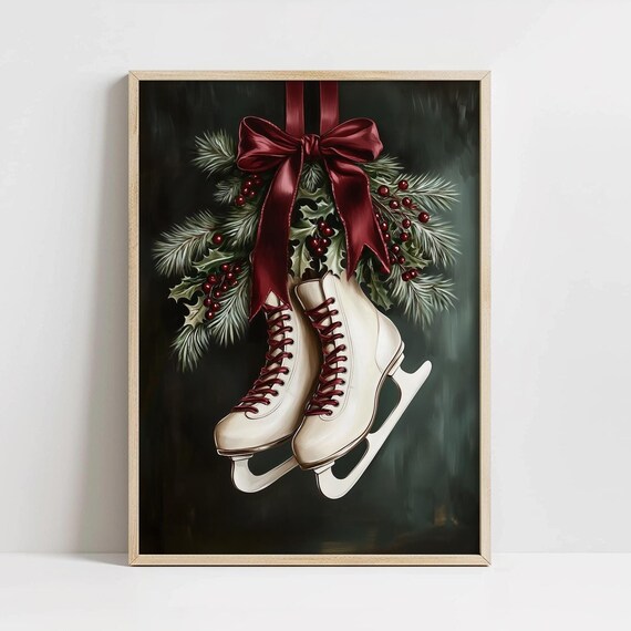 White Ice Skates Pine Wreath Burgundy Bow Christmas Wall Art