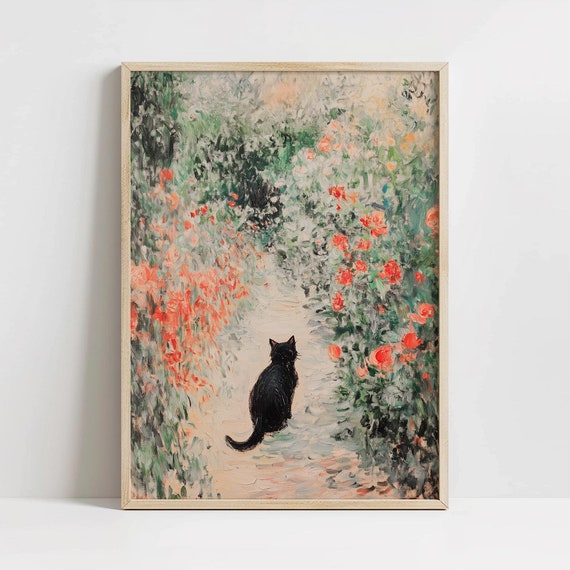 Vintage Black Cat In Garden Art Flowers Monet Inspired Lover Gift Soft Girly Colors Pastel Floral Painting D450