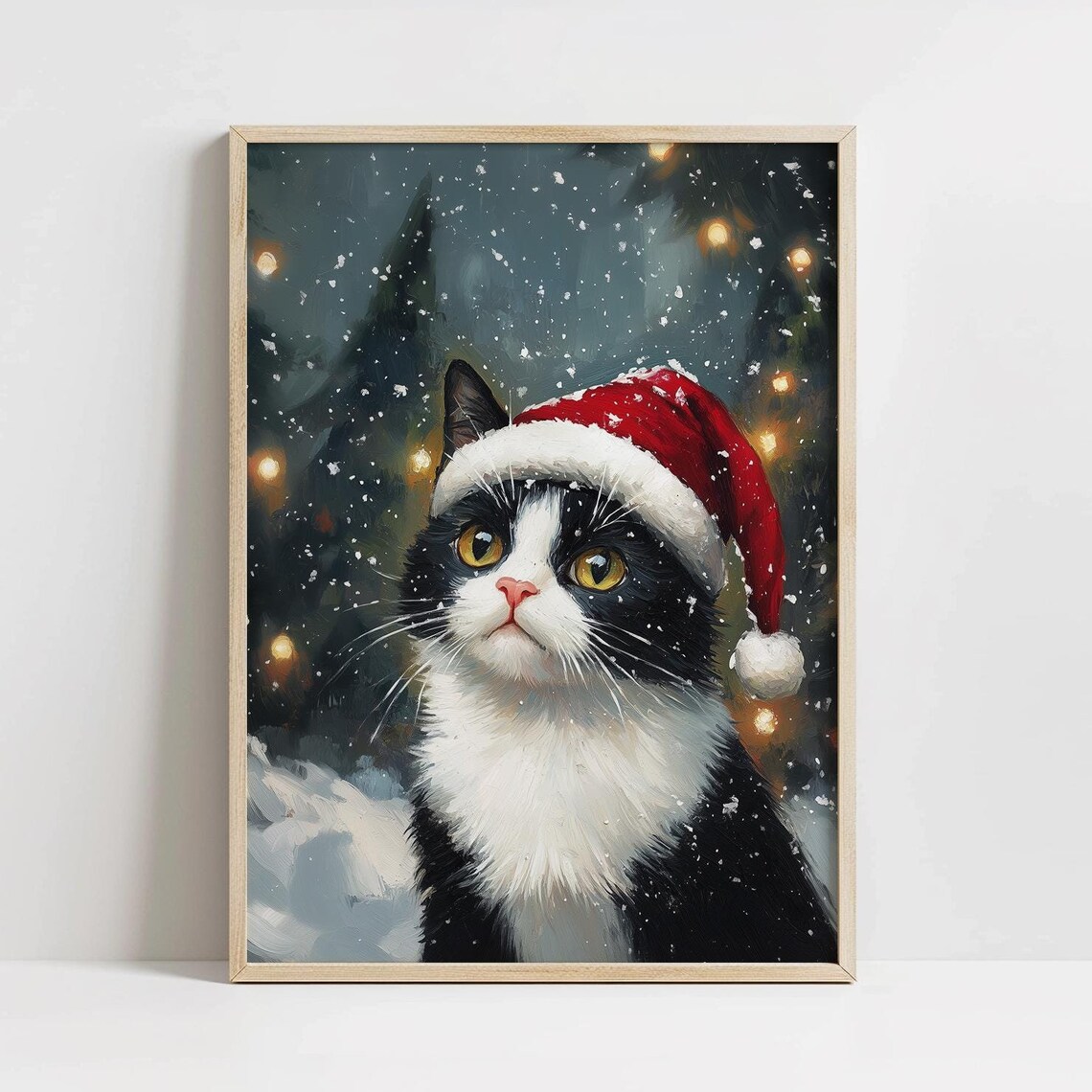 Cute Christmas Cat Art Print, Traditional Holiday Decor