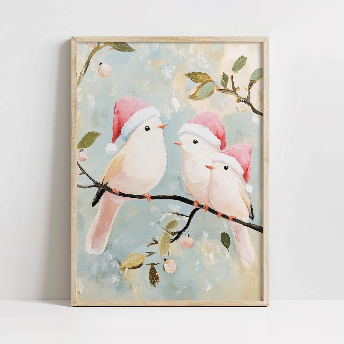 White Christmas Cute Birdies Art Print, Pastel Holiday