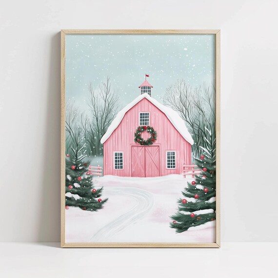 Pink Christmas Barn Snowy Farm Pastel Holiday Scene Art Poster