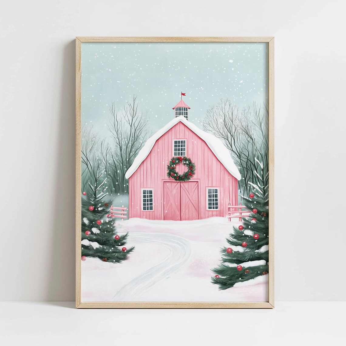 Pink Christmas Barn Snowy Farm Pastel Holiday Scene Art Poster