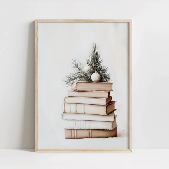 Stack Of Books Christmas Art Neutral Holiday Minimalist Winter Decor