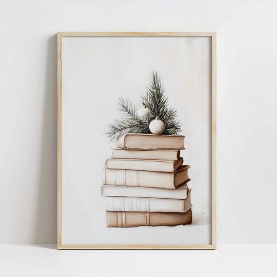 Stack of Books with Pine and White Ornaments Minimal Holiday Poster