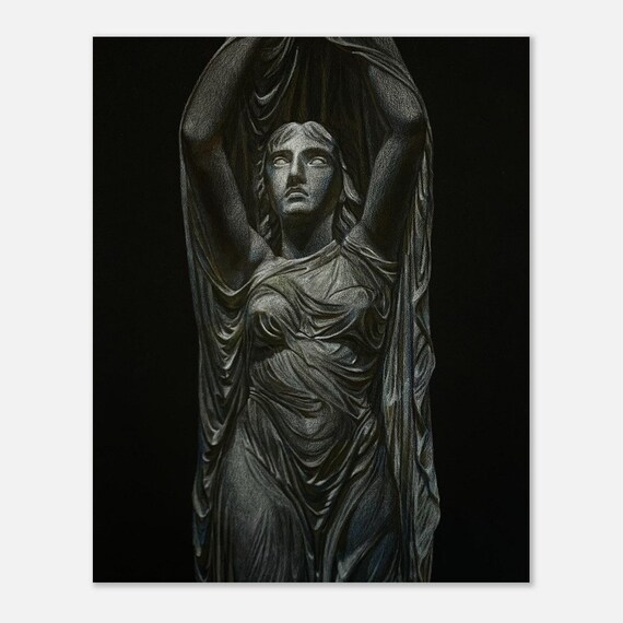 Classical Lady Statue Veil Raised Coloured Pencil Dark Study Poster