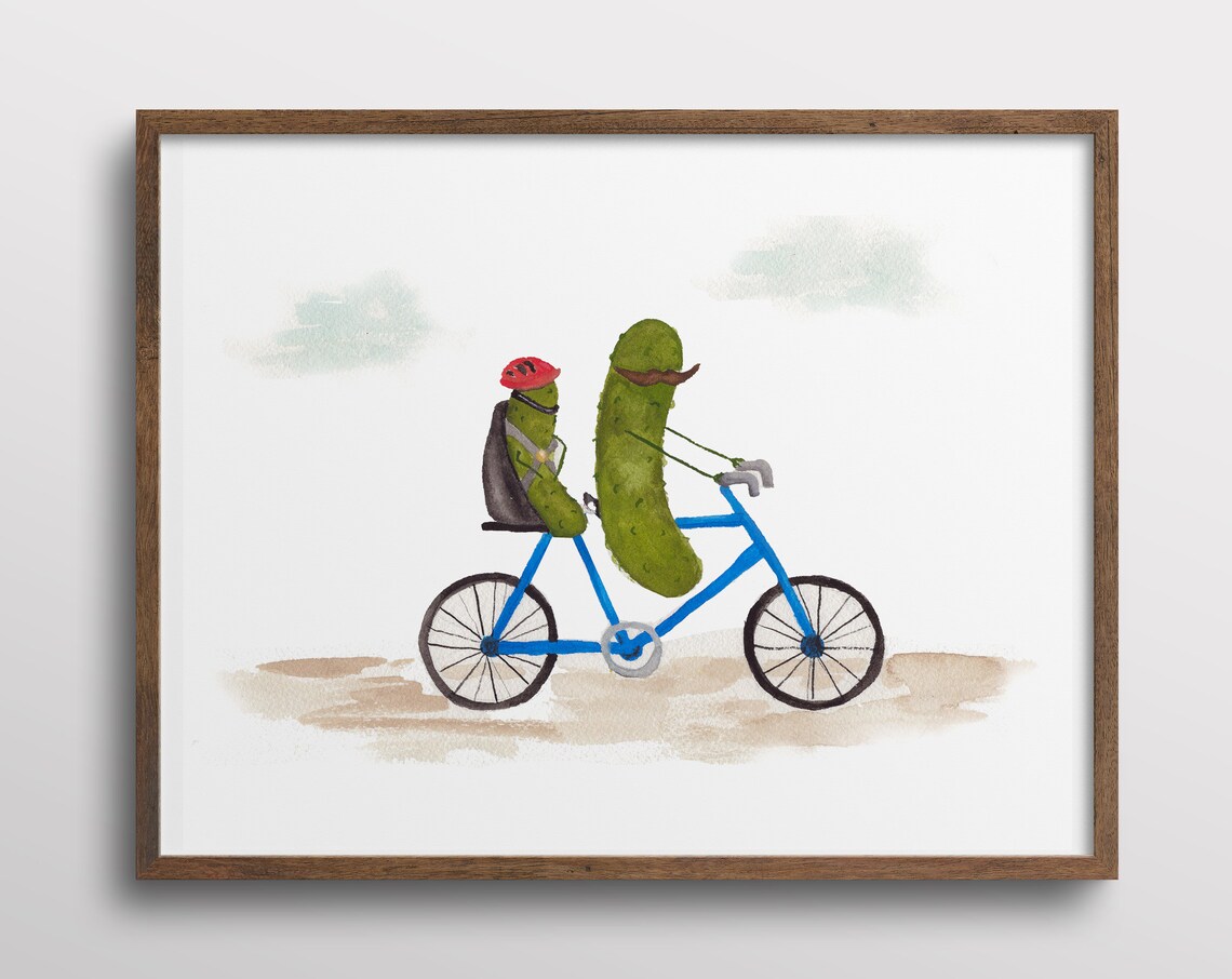 Whimsical Pickle With Mustache Bicycle Watercolor Art Print