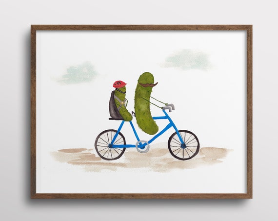 Whimsical Pickle With Mustache Bicycle Watercolor Art Print
