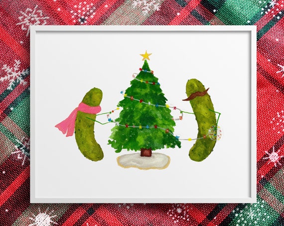 Whimsical Pickles Decorating A Christmas Tree With Lights, Watercolor Art Print