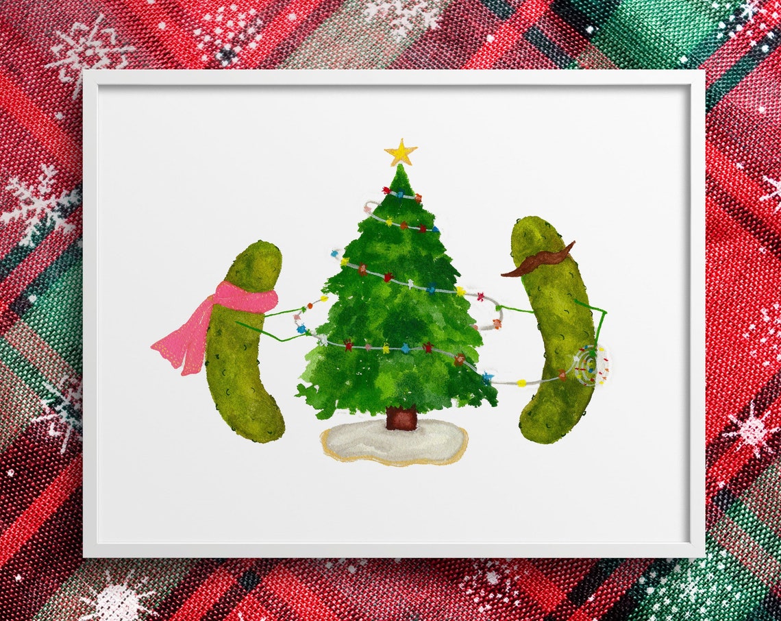 Whimsical Pickles Decorating A Christmas Tree With Lights, Watercolor Art Print