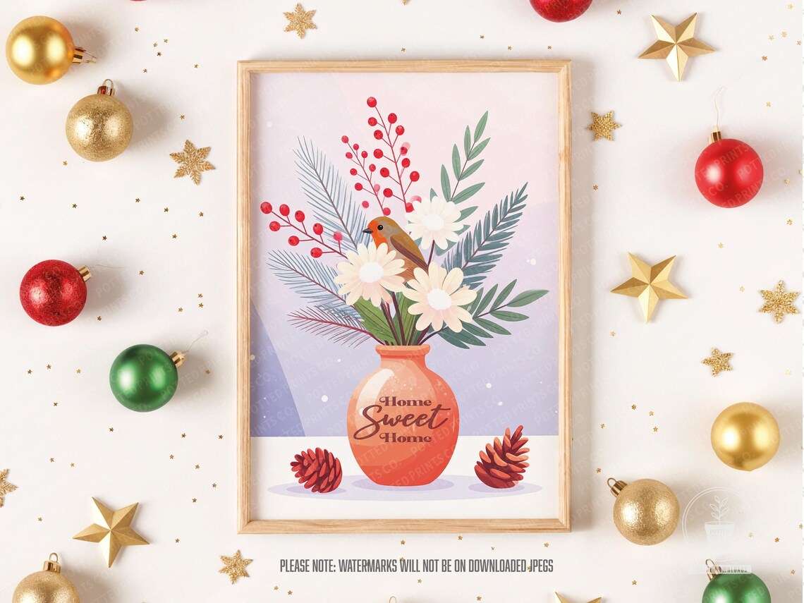 Home Sweet Home Christmas Robin Vase Festive Winter Floral Poster