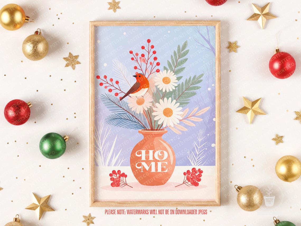 Ho Me Funny Christmas Robin in Vase Floral Festive Winter Poster