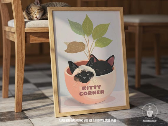 Sleepy Kittens Art Print Cat In Plant Pot Illustration