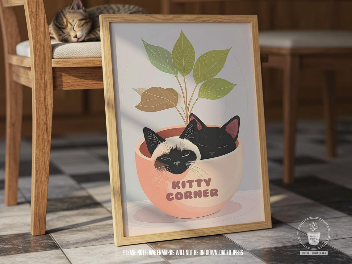 Sleeping Cats in a Plant Pot Kitty Corner Cute Illustration Poster