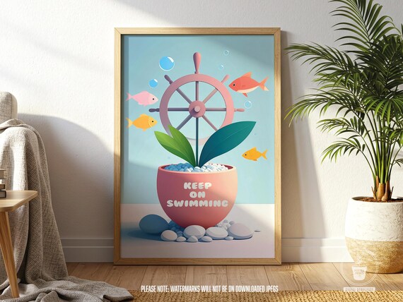 Keep Swimming Plant Pot Print Motivational Fish Art