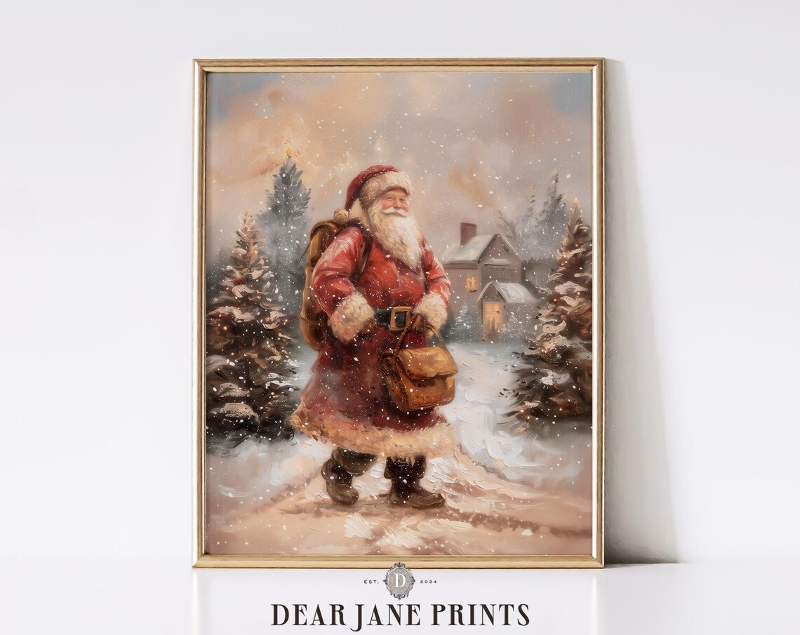 Santa Claus Carrying Toy Sack Through Snowy Village At Dusk Poster - Image 2