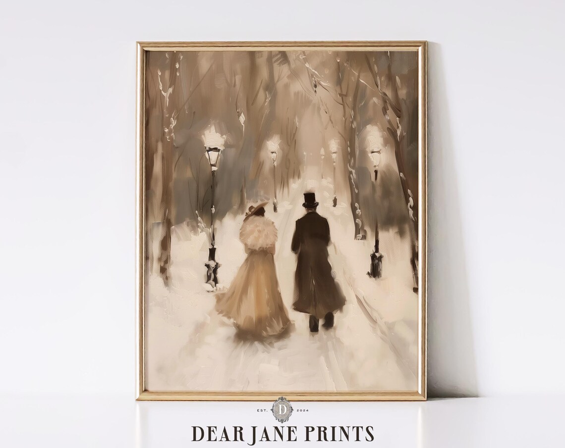 Victorian Couple Strolling Down Snowy Lamplit Street At Night Poster