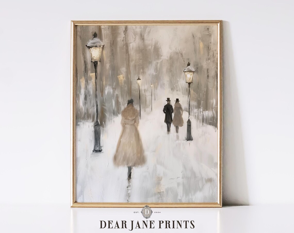 Victorian Figures Walking Along Snowy Lamplit Park Avenue Poster