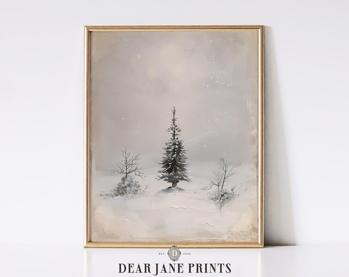 Minimalist Lone Pine In White Snowy Winter Landscape Art Poster - Image 2