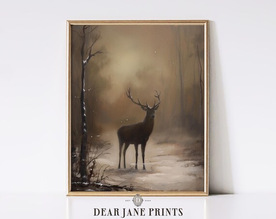 Dark Deer Stag in Snowy Winter Forest Moody Wildlife Painting Poster