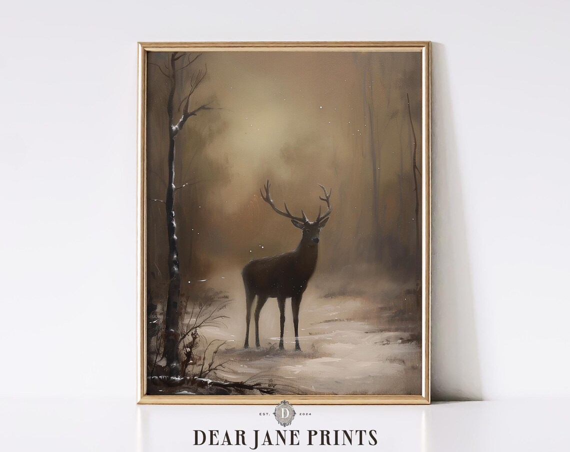 Dark Deer Stag in Snowy Winter Forest Moody Wildlife Painting Poster