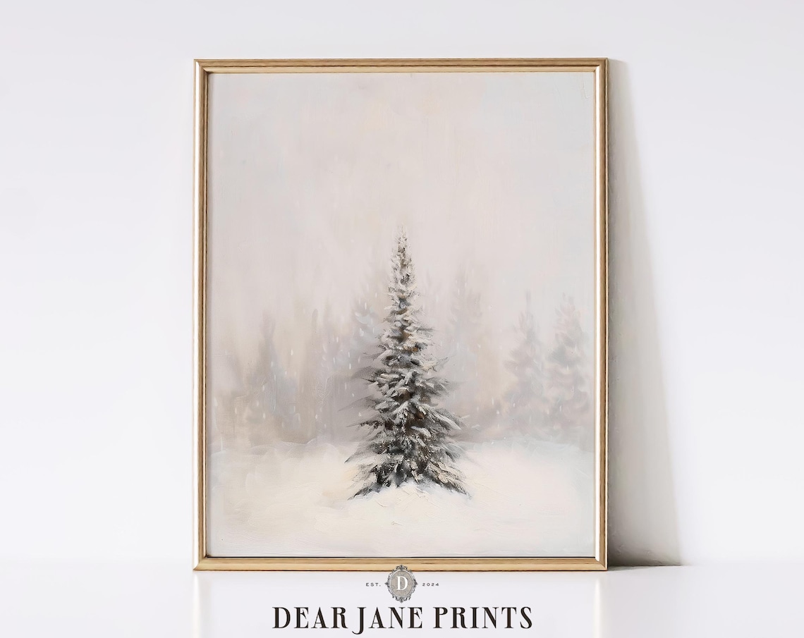 Single Snowy Pine Tree In Foggy White Winter Landscape Poster