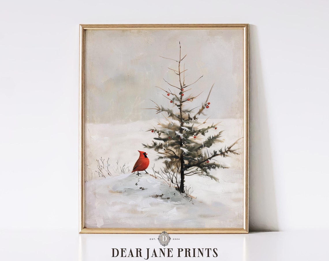 Red Cardinal Bird Beside Snowy Evergreen Tree Winter Scene Poster - Image 2