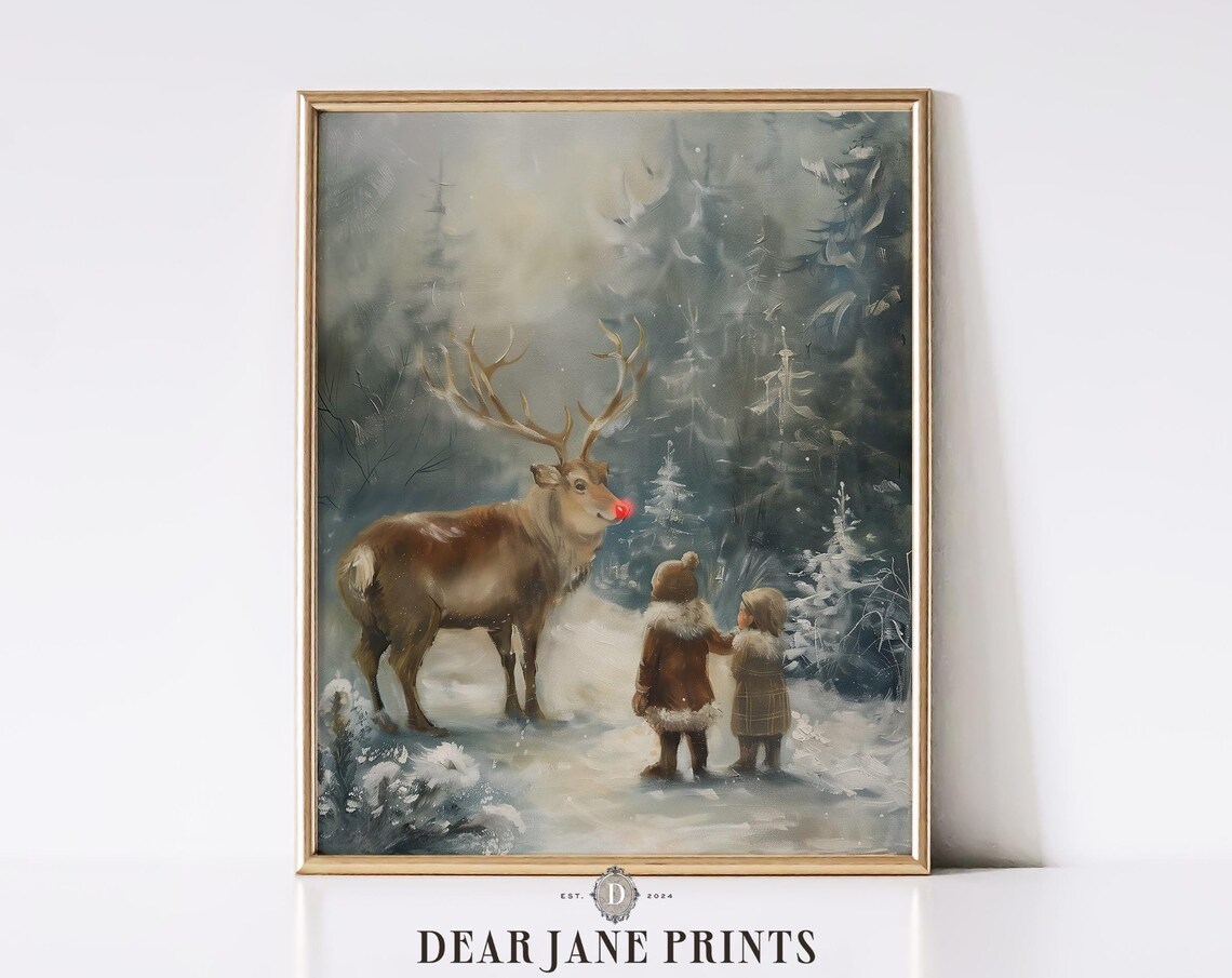Red Nosed Reindeer With Two Children In Snowy Forest Scene Poster - Image 2