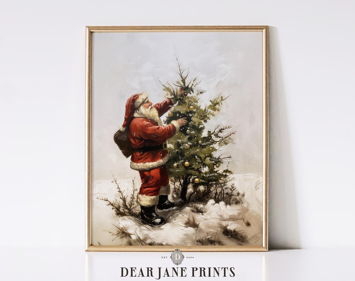 Santa Claus Decorating An Evergreen Tree Outdoors In The Snow Poster