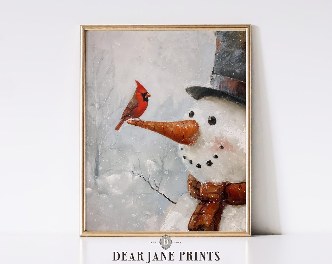 Snowman With Red Cardinal Perched On Carrot Nose Winter Art Poster