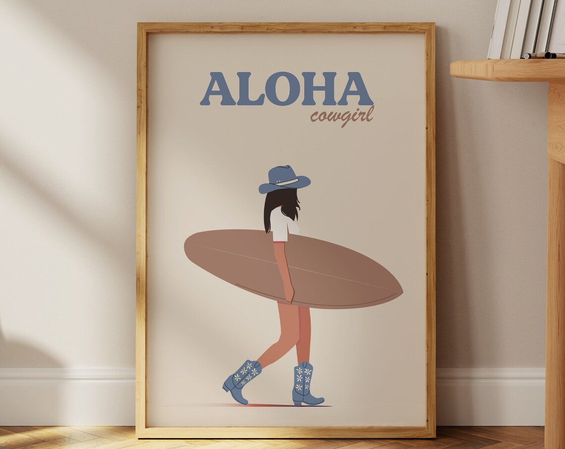 Blue Coastal Cowgirl Art Print, Surf Girl Aloha