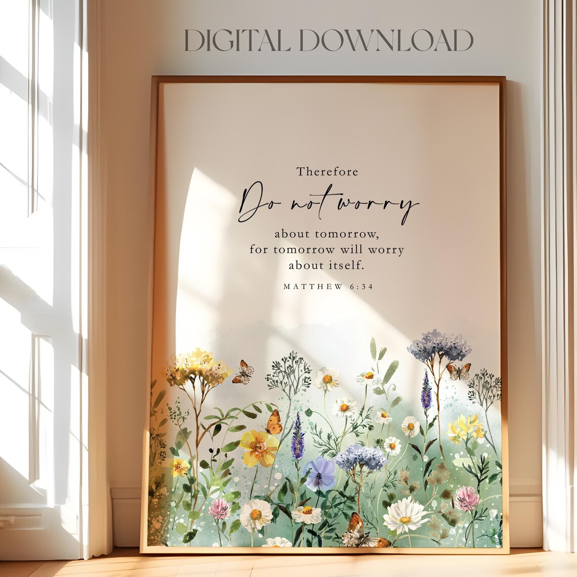 Matthew 6:34 Bible Verse Watercolor Wildflower Art Print