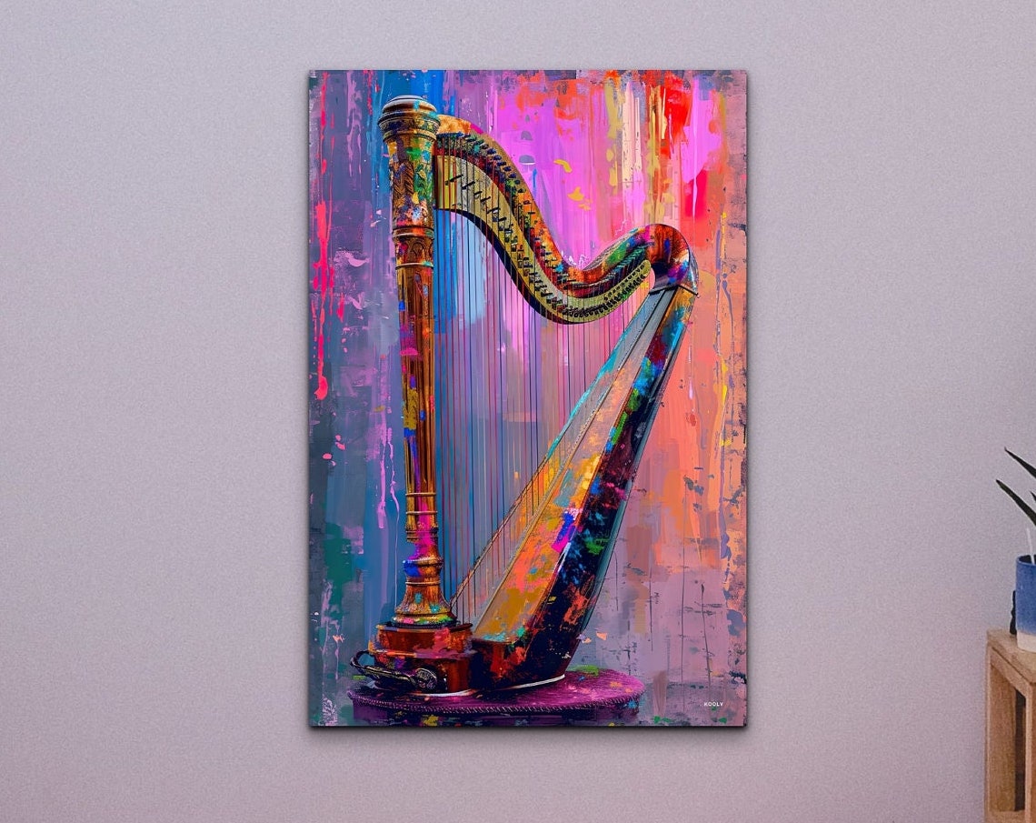 Pop Art Harp Golden Pink Modern Music Instrument Decor Wall Art
