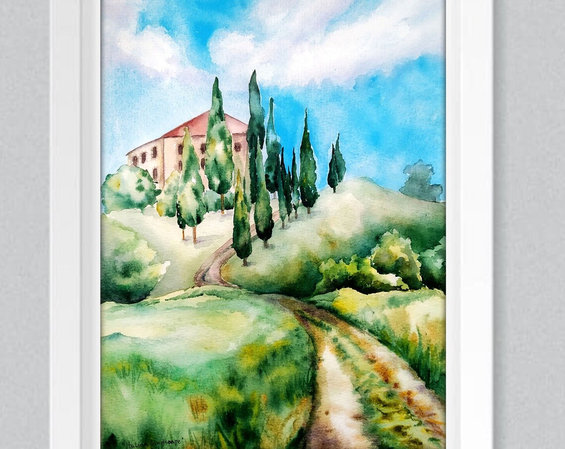 Italian Villa with Tall Cypress Trees Tuscany Watercolor Travel Poster - Image 2