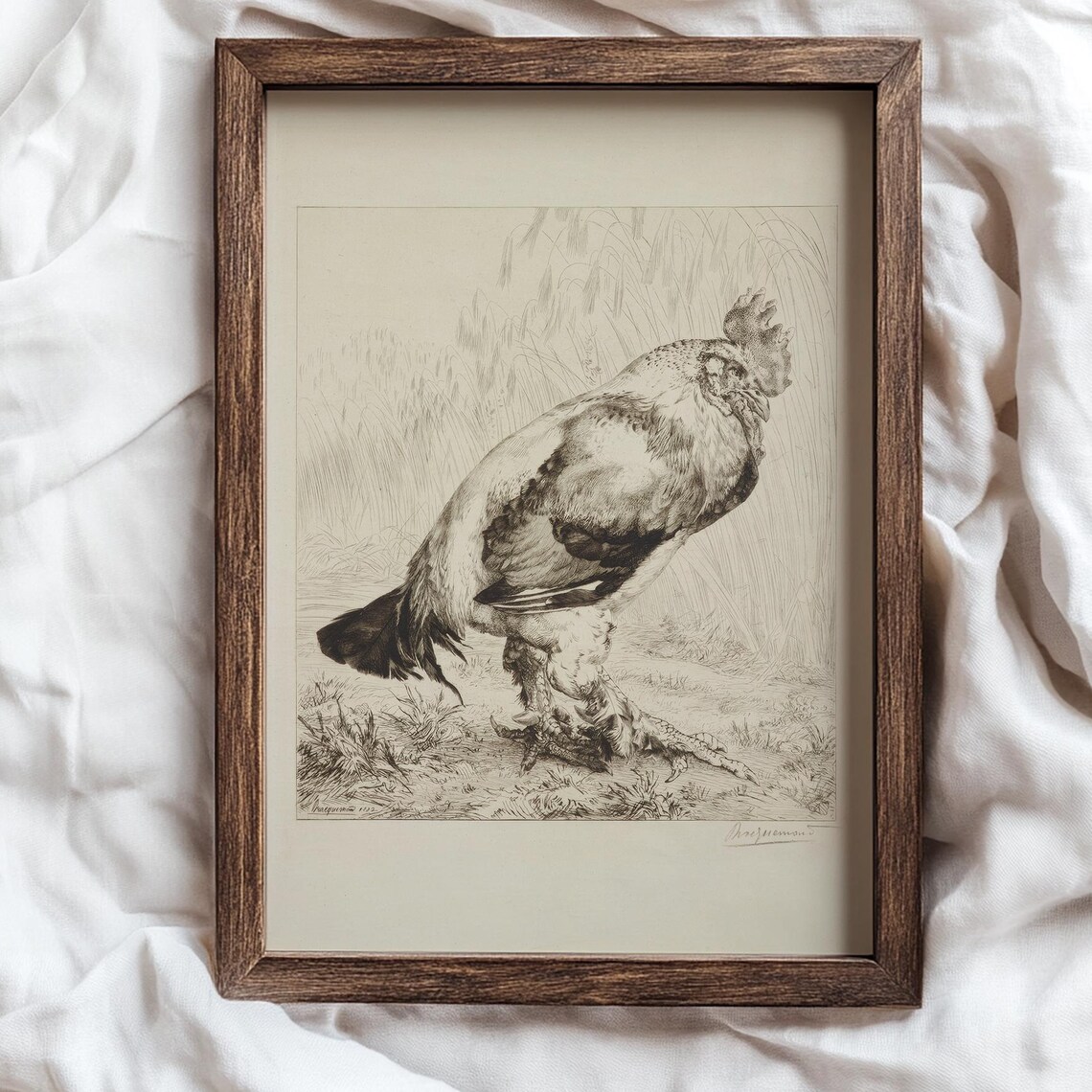 Antique Rooster Etching Vintage Farmhouse Chicken Sketch Style Poster